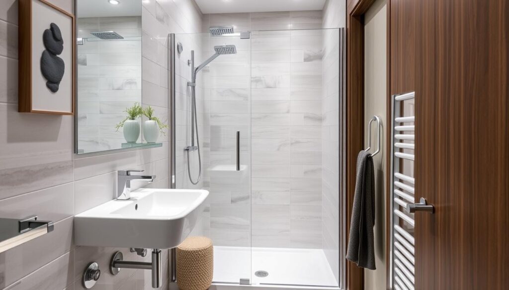 compact bathroom design with walk-in shower