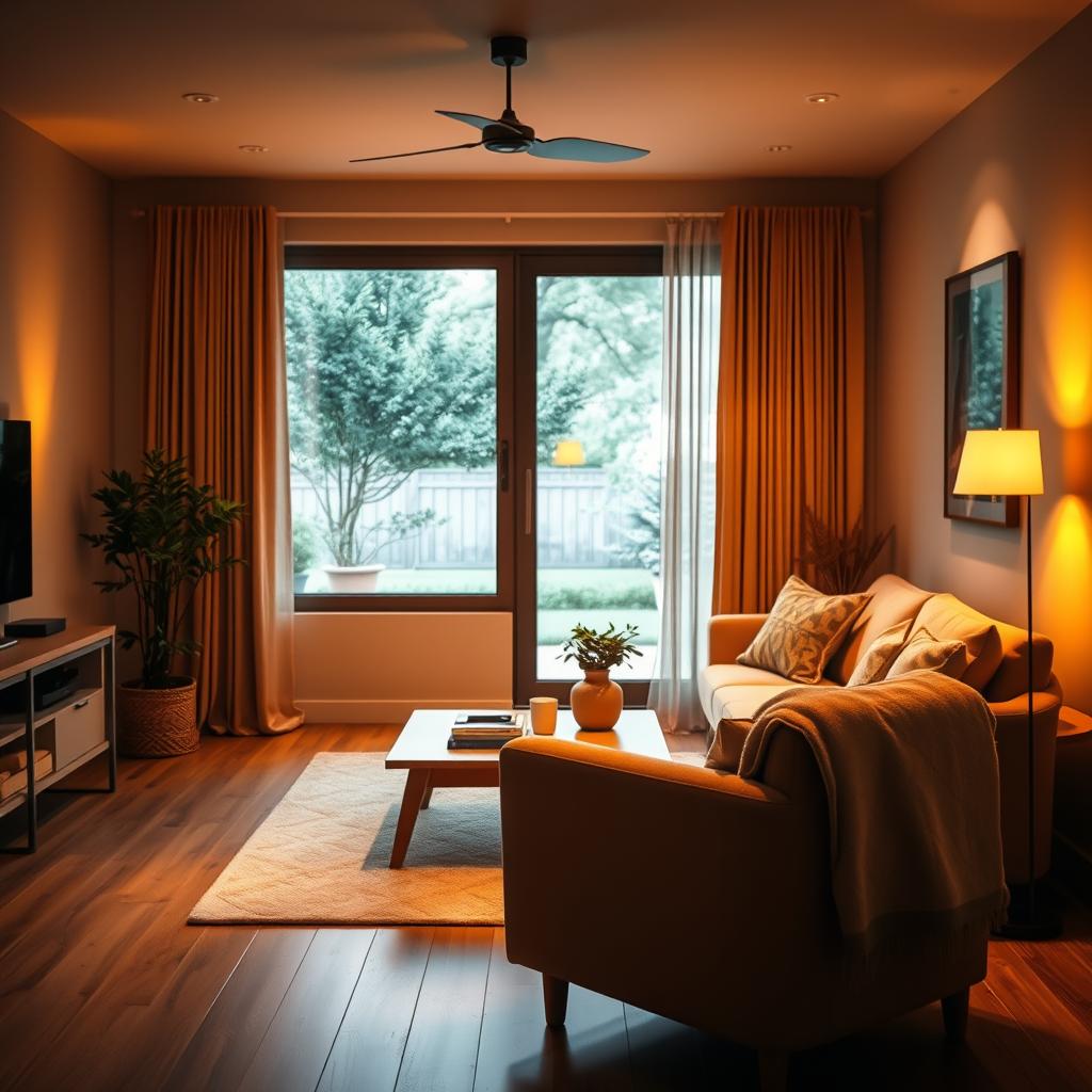 A cozy living room bathed in warm, amber-hued lighting, creating a soothing and relaxing atmosphere. The room is softly illuminated by a dimmable lamp, its gentle glow reflecting off the smooth, polished wood surfaces. In the foreground, a plush armchair invites you to sink in and unwind, with a soft throw blanket draped over the backrest. The middle ground features a minimalist, Scandinavian-inspired coffee table, adorned with a potted plant and a few decorative items. In the background, a large window overlooks a serene garden, letting in natural light that blends seamlessly with the artificial lighting, fostering a sense of tranquility and balance.