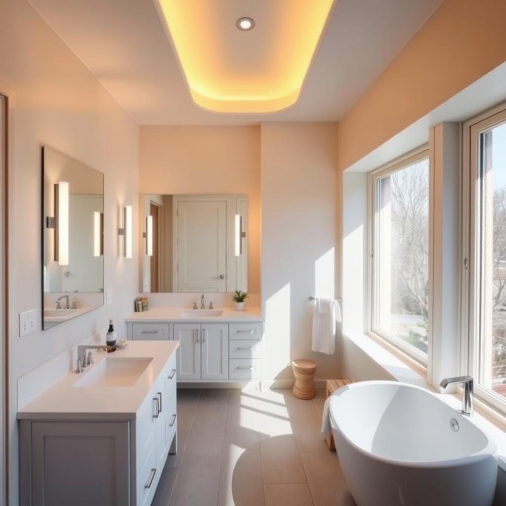 A cozy, well-lit bathroom with a modern, minimalist design. Bright, diffused overhead lighting casts a warm, inviting glow, complemented by sleek wall sconces that frame a large vanity mirror. The vanity features a clean, white countertop and ample storage space. The tile floor is a neutral, muted tone, creating a soothing, spa-like atmosphere. Soft shadows and highlights accentuate the textures and shapes of the bathroom fixtures, while large windows flood the space with natural daylight, illuminating the entire room.