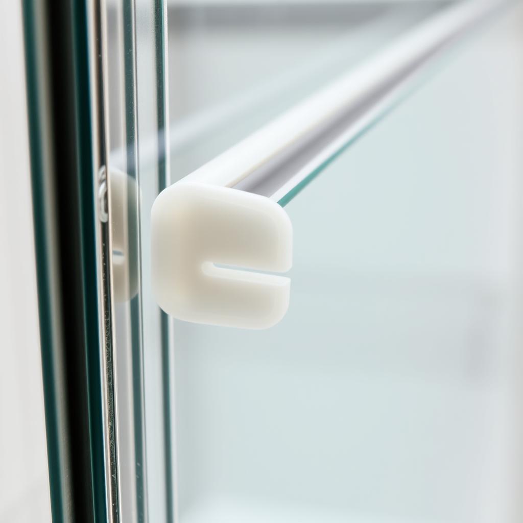 A high-quality close-up shot of a set of shower door seals, capturing their intricate design and functionality. The seals appear pristine and well-maintained, with a polished, clean appearance. The lighting is soft and diffused, highlighting the subtle translucency and flexibility of the rubber material. The image is framed to showcase the seals in their natural environment, with a slight blurred background to emphasize the focal point. The overall mood is one of attention to detail and the importance of properly maintaining bathroom accessories for a seamless, high-end aesthetic.
