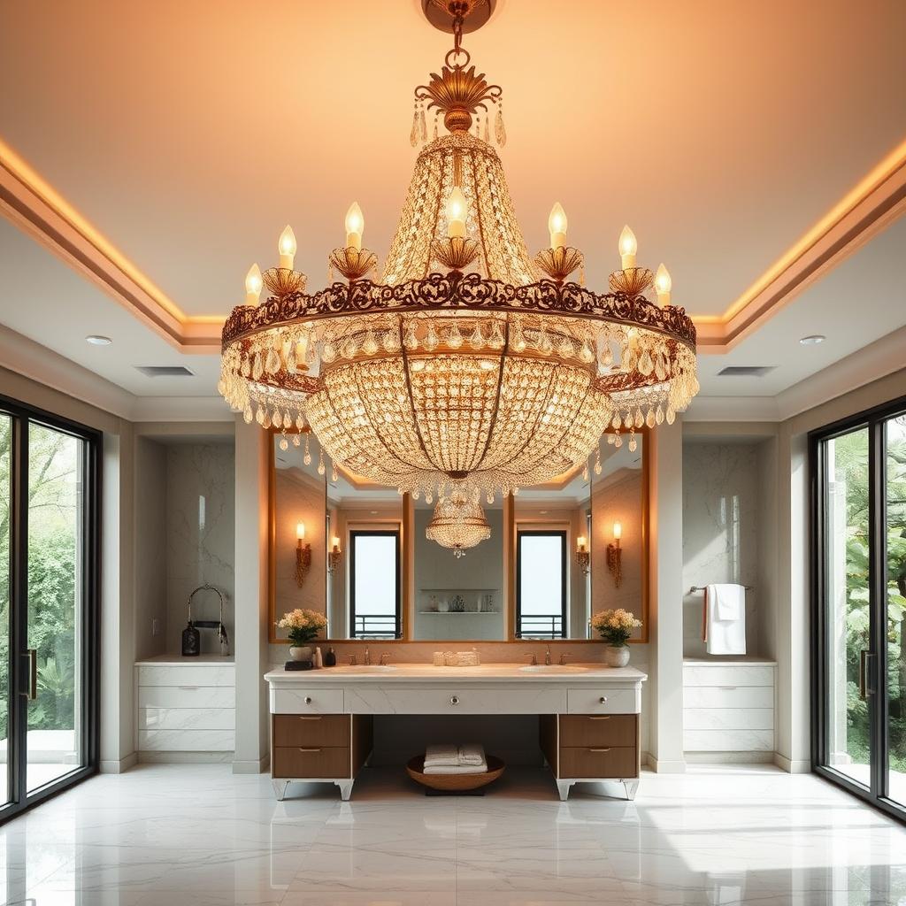 A luxurious bathroom chandelier hanging elegantly above a spacious vanity. The fixture features intricate metalwork with cascading crystal droplets that catch the soft, warm lighting, creating a mesmerizing and opulent ambiance. The chandelier is the centerpiece, drawing the eye upward and commanding attention in the serene, spa-like bathroom setting. Polished marble tiles line the floor, while large windows allow natural light to filter in, complementing the chandelier's shimmering glow. This striking combination of modern and traditional elements establishes a sophisticated and harmonious atmosphere, perfect for balancing the practical and aesthetic considerations of a bathroom chandelier.