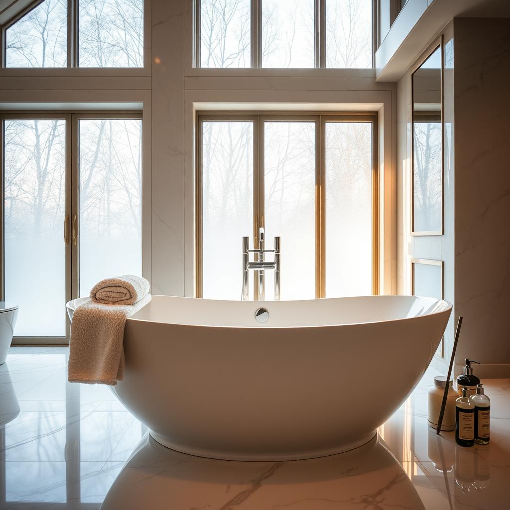 A luxurious freestanding bathtub, its sleek porcelain surface gleaming under soft, warm lighting. The tub is positioned in a spacious, elegant bathroom with marble tile floors and walls. Large windows allow natural light to pour in, casting a serene, tranquil ambiance. Plush towels and luxurious bath products are neatly arranged nearby, inviting the senses. The overall atmosphere is one of unparalleled relaxation and indulgence, perfect for an at-home spa experience.
