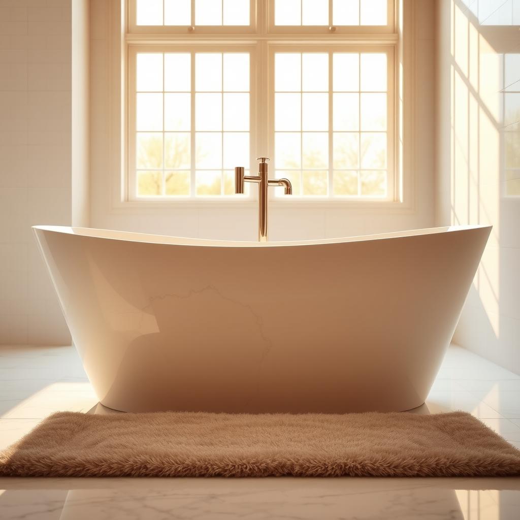 A luxurious freestanding bathtub made of sleek, polished marble stands in a sunlit, minimalist bathroom. The smooth, cool surface reflects the warm, golden light filtering through large windows, creating a serene and elegant ambiance. The tub's organic, sculptural form is accentuated by strategic lighting, highlighting its natural veining and subtle textures. In the foreground, a plush bath mat complements the tub's material, while the background features simple, white tile walls that allow the tub to take center stage as the room's focal point. The overall composition conveys a sense of refined sophistication and timeless luxury.