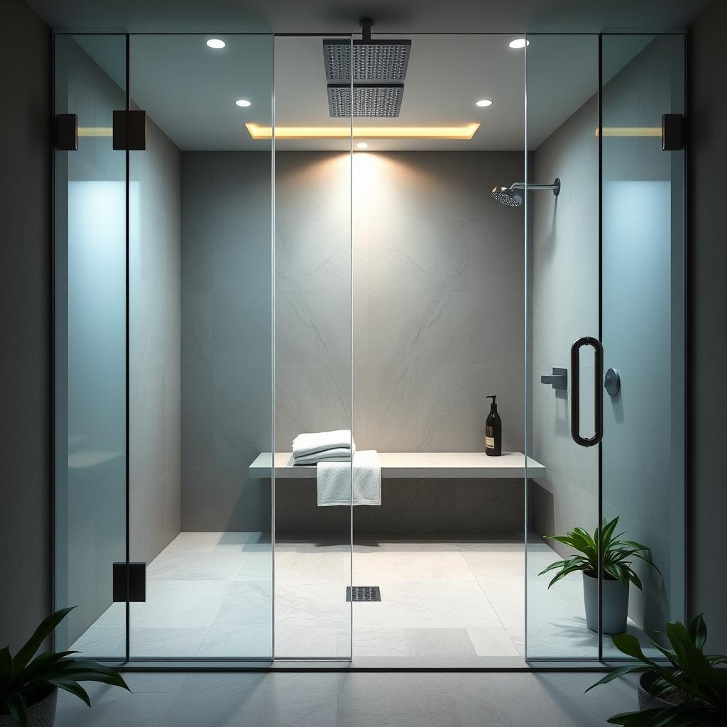 A luxurious spa shower oasis with a seamless glass enclosure, illuminated by soft, natural lighting filtering through frosted panels. The spacious walk-in design features a rainfall showerhead, elegant stone tiles, and a built-in bench for ultimate relaxation. Plush towels and lush greenery add a serene, spa-like ambiance, while the modern, minimalist fixtures and fittings exude refined sophistication. The entire scene conveys a sense of tranquility and escape, transporting the viewer to a haven of pampering and self-care.