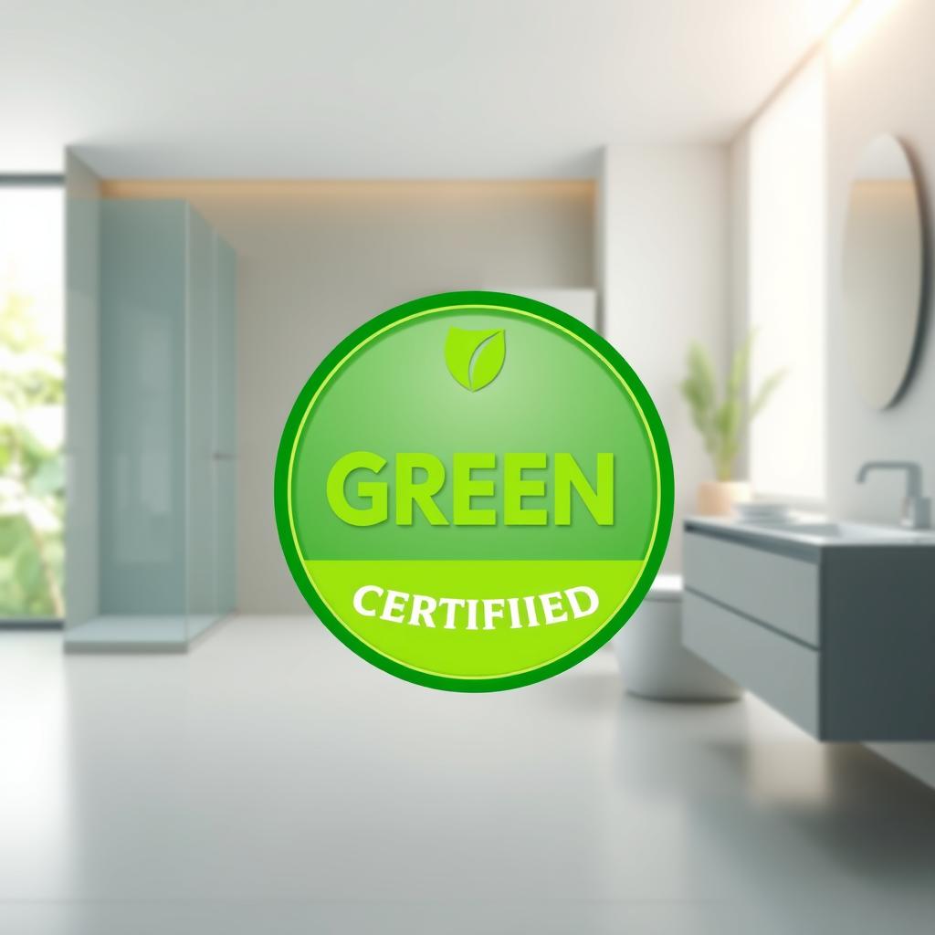 A meticulously crafted illustration of a green certification badge, captured with a crisp, professional lens. The foreground features the certification emblem, its vibrant green hues accented by clean, minimalist typography. The middle ground showcases a sleek, modern bathroom setting, with smooth lines and muted tones that allow the certification to take center stage. In the background, a soft, diffused light casts a natural, organic ambiance, evoking a sense of environmental responsibility and sustainability. The overall composition conveys a cohesive, visually striking representation of "green certification" for bathroom products.