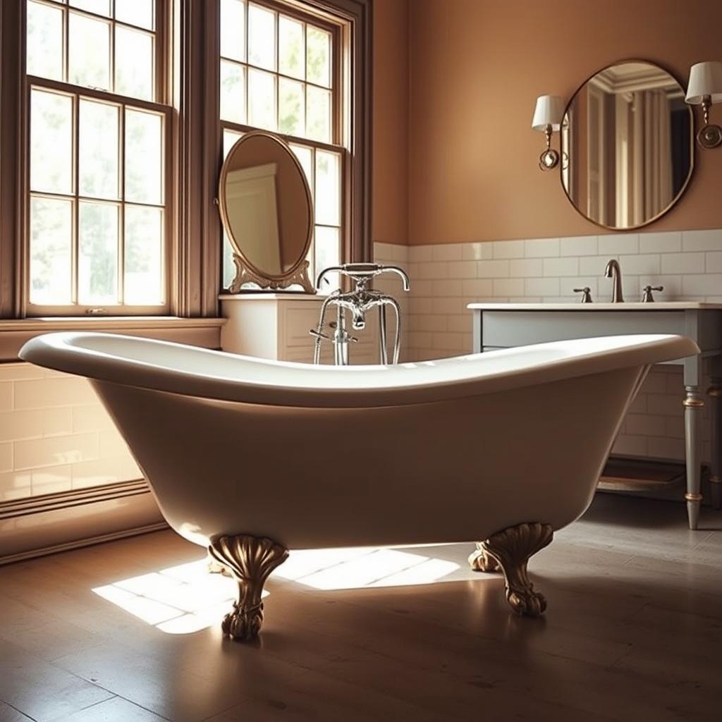 A meticulously crafted, vintage clawfoot tub set in a classic bathroom interior. The tub's gleaming porcelain surface and ornate claw feet radiate an air of timeless elegance. Warm, natural lighting filters through large windows, casting a soft glow and highlighting the tub's intricate details. The surroundings exude a sense of history and careful restoration, with antique fixtures, subway tile walls, and a claw-foot vanity complement the centerpiece tub. The overall atmosphere evokes a serene, spa-like ambiance, inviting the viewer to imagine the tub's transformation from worn to beautifully refined.