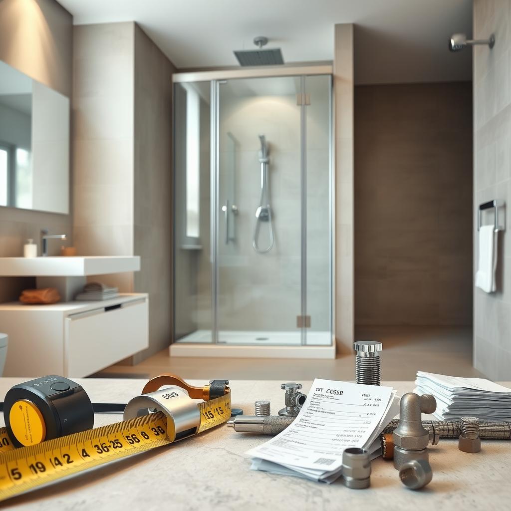 A modern, minimalist bathroom interior with a prominent shower stall as the focal point. The shower features a sleek, frameless glass enclosure and a high-end showerhead. In the foreground, a variety of tools and materials are arranged, including a tape measure, tiles, plumbing fittings, and a stack of receipts, suggesting the cost factors involved in a shower replacement project. The mid-ground showcases a simple vanity with a modern sink and faucet. The background features neutral-toned wall tiles and subtle lighting, creating a calming, spa-like atmosphere. The overall composition conveys a sense of attention to detail and budgetary considerations in the shower replacement process.