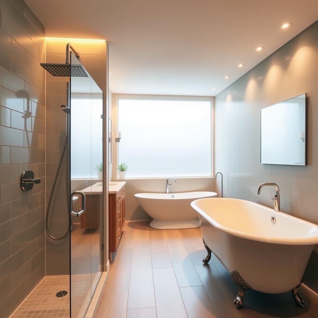 A modern, minimalistic bathroom interior with warm, diffused lighting showcasing various bathroom renovation cost-saving options. In the foreground, a tiled shower enclosure with a sleek rainfall showerhead, followed by a vanity unit with a undermount sink and wood-grain drawers. In the middle ground, a freestanding clawfoot bathtub with chrome fixtures. The background features neutral-colored wall tiles, recessed lighting, and a large window providing natural illumination. The overall atmosphere conveys a sense of luxury and sophistication achieved through strategic cost-conscious design choices.