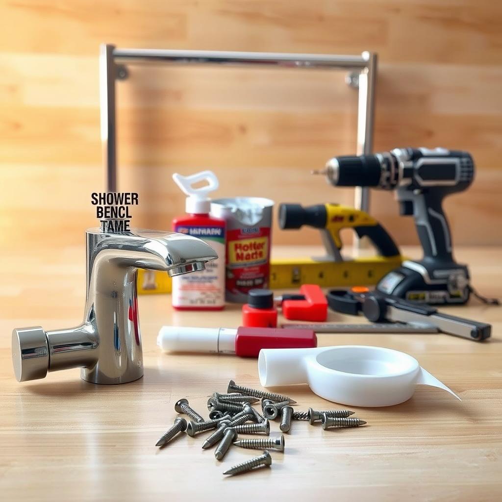 A neatly arranged assortment of shower bench installation materials rests on a clean, well-lit wooden surface. In the foreground, a shiny chrome faucet, a roll of waterproof caulk, and a set of stainless steel screws stand out. Behind them, a sturdy metal shower bench frame, a package of waterproof adhesive, and a power drill with various drill bits sit ready for use. The middle ground features a level, a tape measure, and a hacksaw, essential tools for precise installation. In the background, a soft, diffused light creates a warm, inviting atmosphere, hinting at the transformation to come.