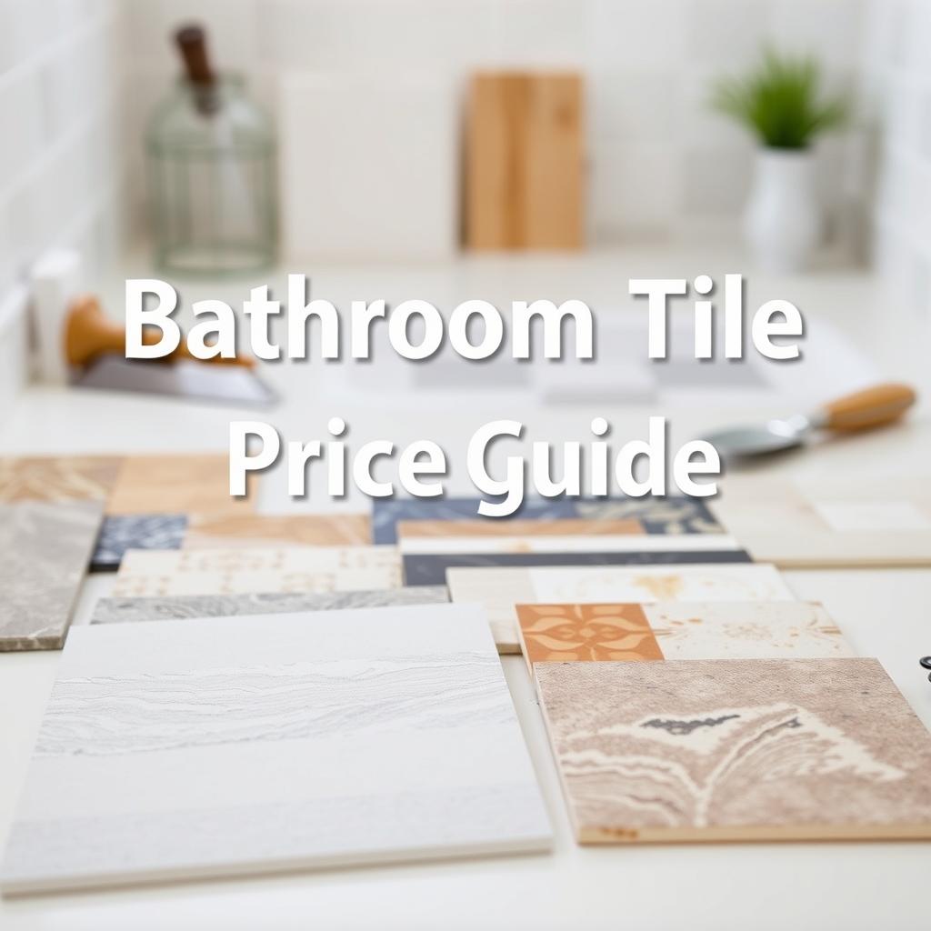 A neatly arranged bathroom tile price guide, showcasing various tiles in a well-lit, soft-focus setting. The foreground features a collection of tile samples in a range of colors, textures, and patterns, laid out on a clean, white surface. The middle ground depicts a selection of tile installation tools, such as trowels and grout scrapers, hinting at the practical aspects of a bathroom renovation project. The background is blurred, creating a sense of depth and focus on the tile samples. The overall scene conveys a sense of calm, professionalism, and attention to detail, reflecting the informative nature of the price guide.