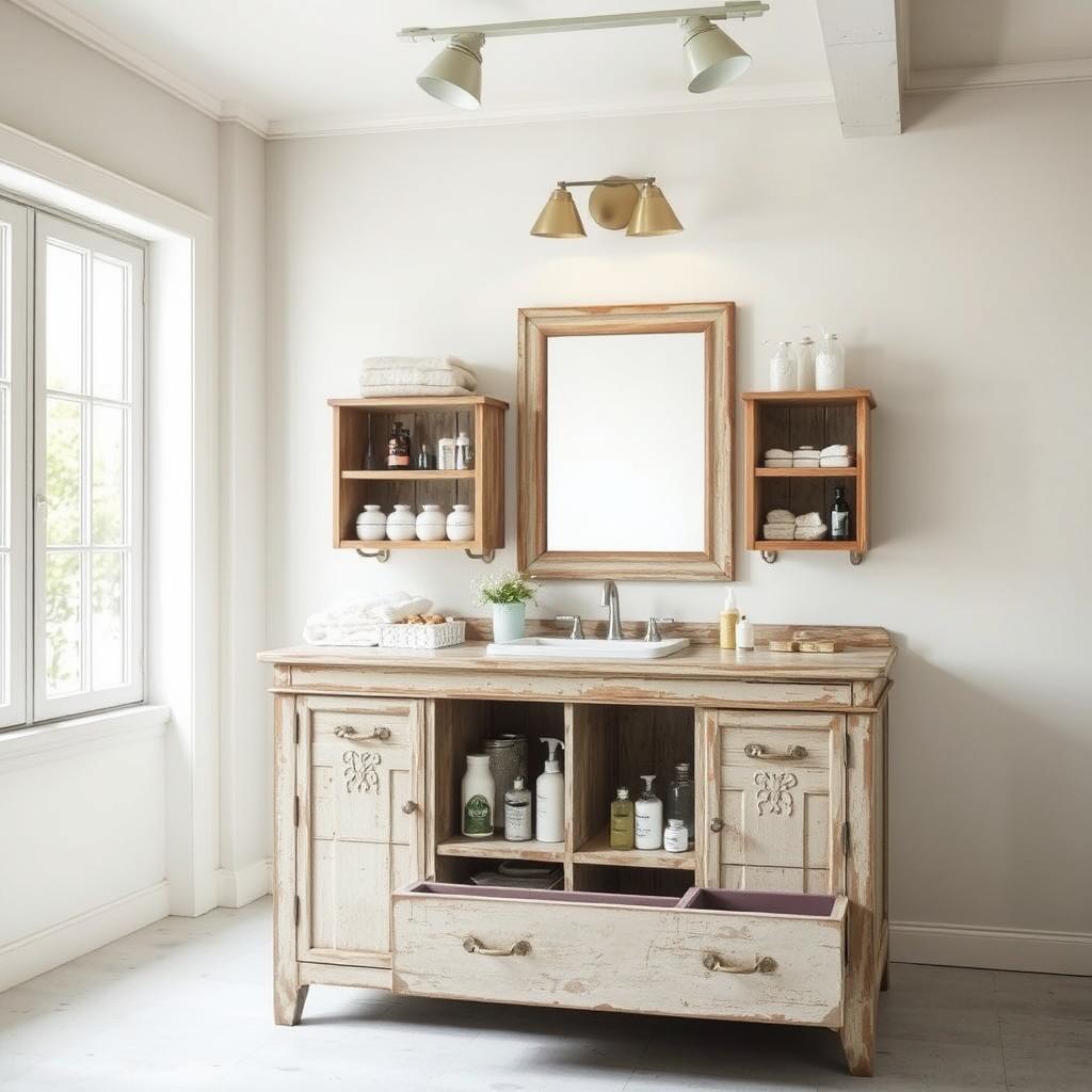 A repurposed bathroom vanity stands in a bright, airy room, its drawers and shelves transformed into a functional storage solution. The vanity's weathered wood frame and vintage-inspired details lend a rustic, charming ambiance. Soft, diffused lighting from overhead spotlights accentuates the textured surfaces, while a large window floods the scene with natural illumination. In the foreground, various bathroom essentials are neatly organized on the vanity's shelves and in its drawers, creating a visually appealing and practical display. The overall composition conveys a sense of effortless style and thoughtful repurposing, perfectly capturing the essence of "Creative Storage Solutions for Repurposed Vanities".