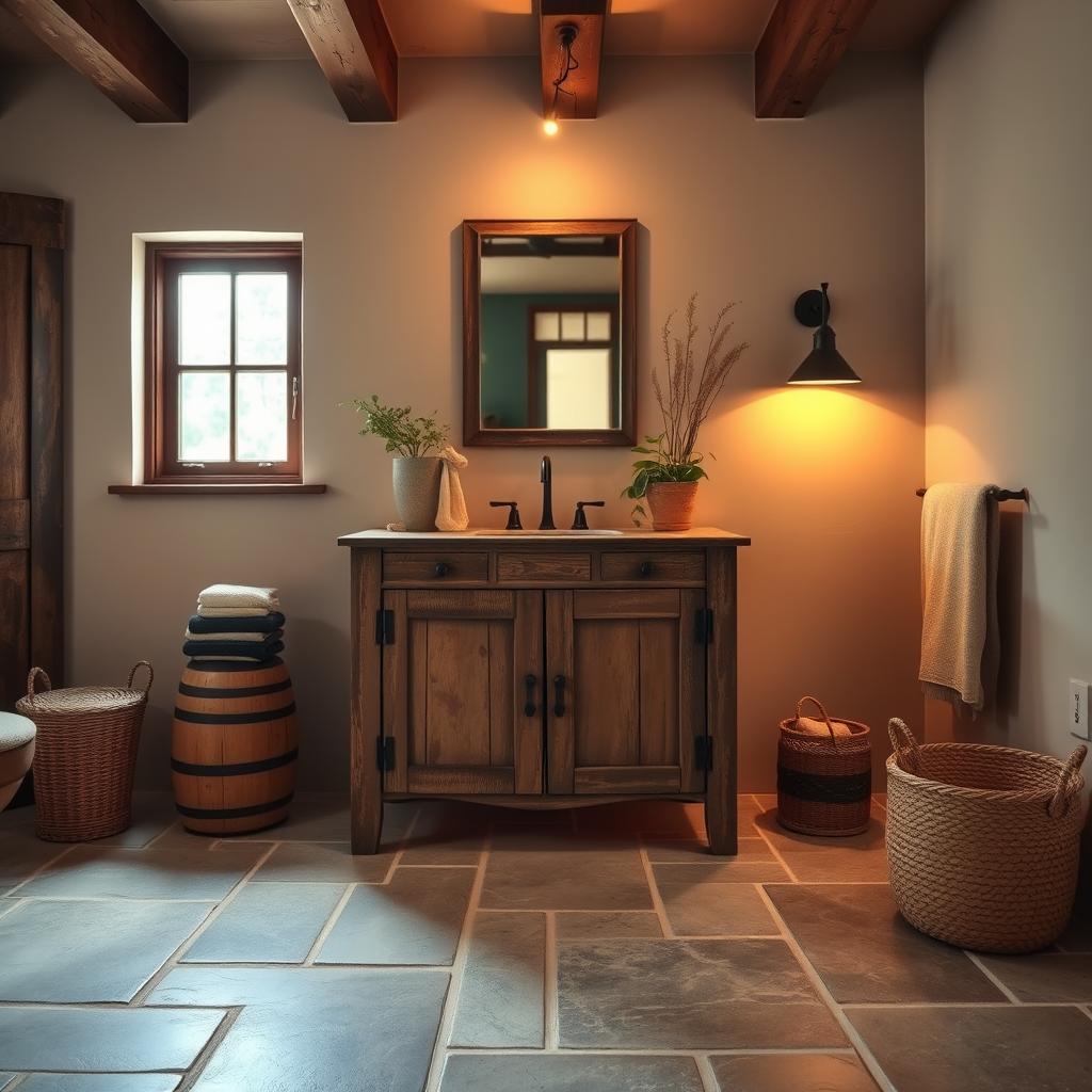 A rustic wooden bathroom vanity stands in the center of the frame, its distressed finish complementing the natural stone tiles underfoot. Warm, ambient lighting filters through the room, casting a cozy glow on the weathered wooden cabinetry. Decorative elements like a vintage mirror, potted plants, and a woven basket add to the relaxed, lived-in aesthetic. The scene is framed by exposed ceiling beams and a window, offering a glimpse of a tranquil outdoor setting. The overall atmosphere is one of understated elegance and rustic charm, setting the stage for a soothing, spa-like bathroom experience.