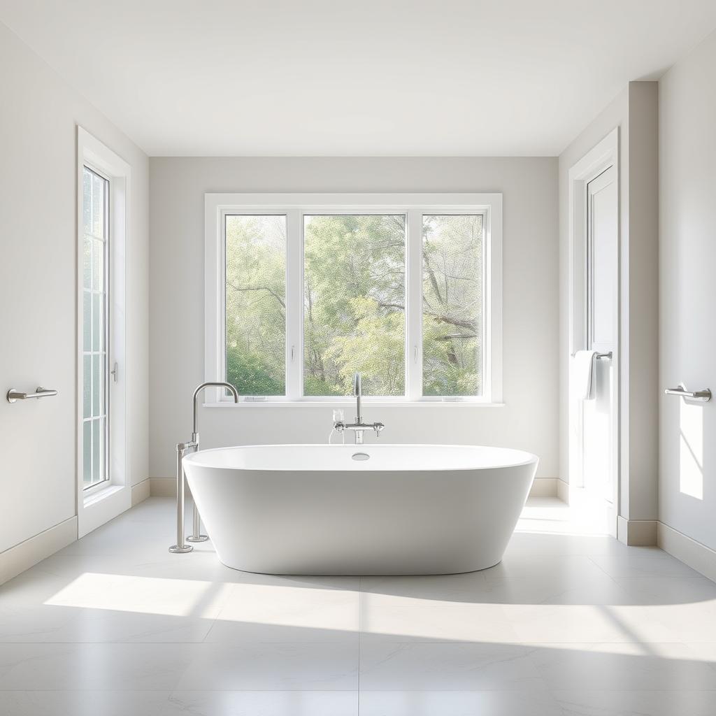 A spacious, bright bathroom with a large, freestanding bathtub positioned in the center. The tub features a gently sloping design, making it easy to step in and out. Grab bars are installed on the walls nearby, providing additional support and stability. Diffused natural light floods the space through large windows, creating a calming, spa-like atmosphere. The floor is covered in smooth, non-slip tiles, ensuring safe and comfortable movement. The overall scene conveys a sense of accessibility, comfort, and modern design, suitable for a wide range of users.