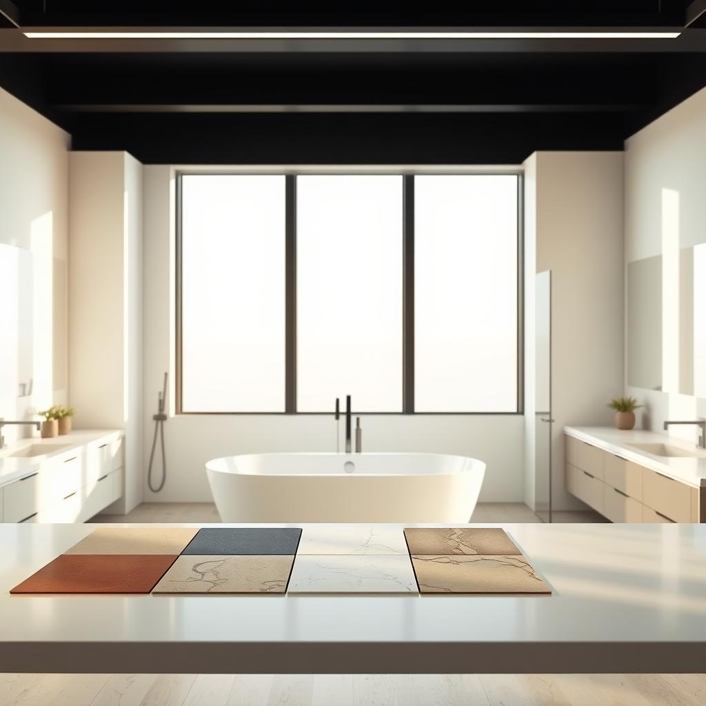 A spacious, well-lit bathroom interior with a prominent display of various bathroom tile colors. The camera is positioned to showcase a selection of tile samples arranged on a sleek, minimalist countertop. The tiles range from warm, earthy tones to cool, modern shades, showcasing a diverse palette of options for the discerning bathroom designer. Soft, natural lighting filters in through large windows, casting a gentle glow on the tiles and accentuating their unique textures and finishes. The overall mood is one of serene sophistication, inviting the viewer to imagine the transformative potential of these versatile tiles within the bathroom setting.