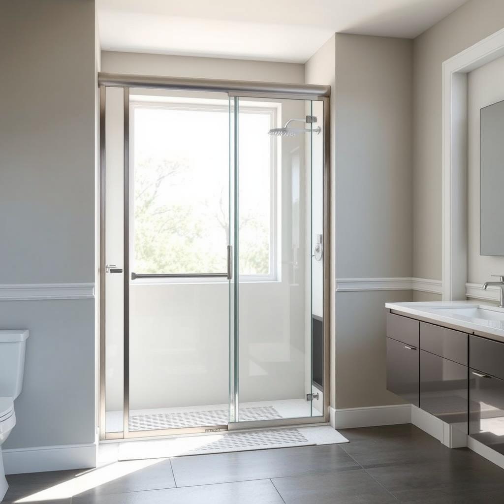 A spacious, well-lit bathroom with a sliding shower door, showcasing its accessible design. The door is framed in brushed metal, its tempered glass panels reflecting the soft, natural light filtering in through the large window. The shower enclosure is positioned at a comfortable height, allowing for easy entry and exit. The floor is covered in slip-resistant tiles, ensuring safety and stability. The overall scene conveys a sense of modern, functional elegance, highlighting the accessibility and user-friendliness of the sliding shower door system.