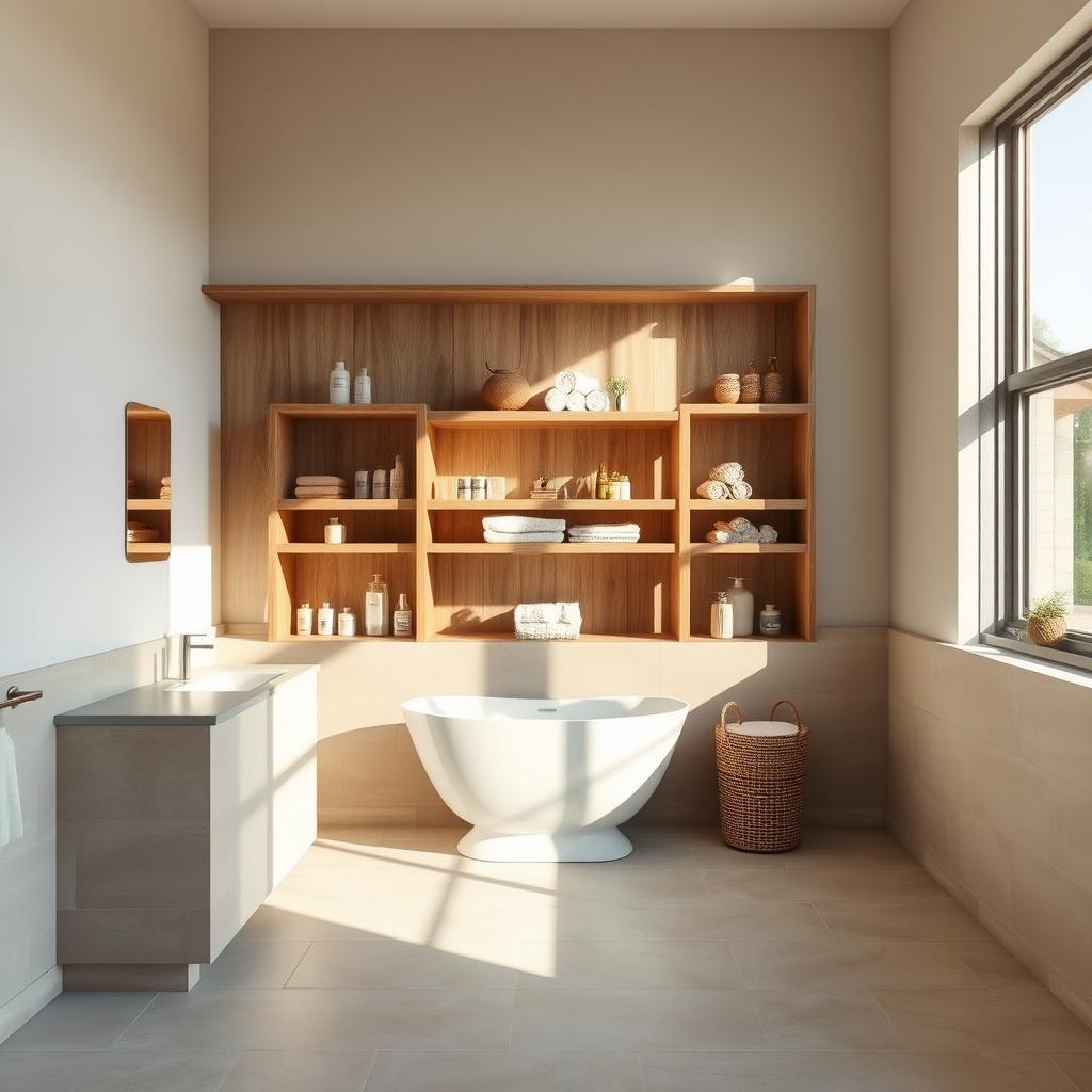 A spacious, well-lit bathroom with an open shelving system along the back wall. The shelves are made of rustic wood, with a natural, earthy tone that complements the clean, minimalist aesthetic of the room. Sunlight streams in through a large window, casting a warm glow and creating inviting shadows that play across the various toiletries, towels, and decorative accents neatly arranged on the shelves. The shelving unit is flanked by neutral-toned tiles, creating a cohesive and visually appealing design. The overall atmosphere is one of order, simplicity, and a sense of openness, reflecting the advantages of this type of bathroom storage solution.