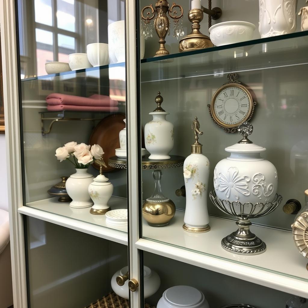 A vintage glass cabinet with decorative bathroom items