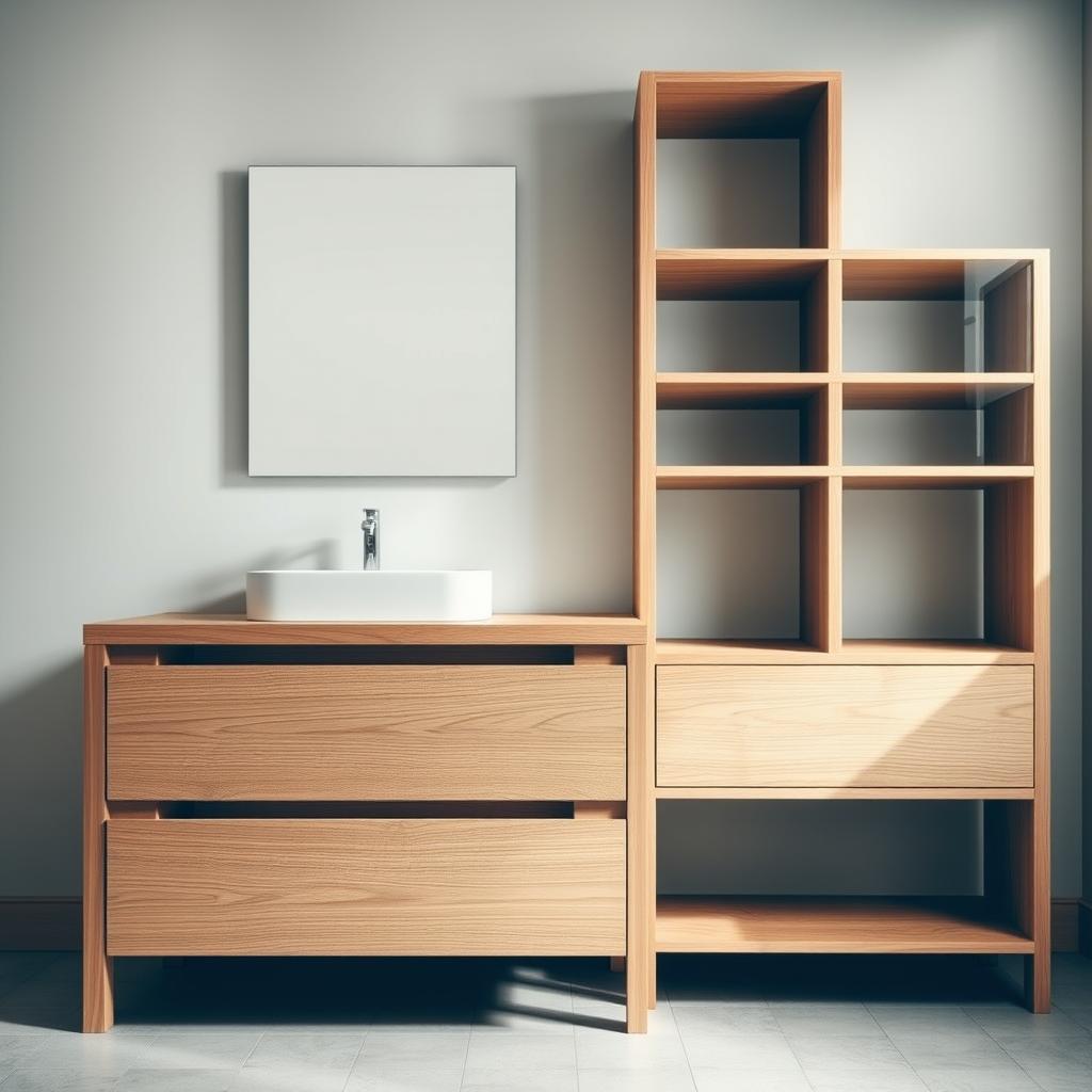 A well-crafted open shelf vanity construction, showcasing intricate woodwork and sturdy construction. The foreground features a detailed frontal view of the vanity, highlighting the clean, minimalist design with seamless drawer fronts and a sleek countertop. The middle ground reveals the open shelving system, showcasing the layered, modular design and the use of high-quality materials such as solid wood and tempered glass. The background provides a neutral, softly-lit environment, accentuating the vanity's modern and sophisticated aesthetic. The overall composition emphasizes the vanity's functionality, durability, and visual appeal, perfectly suited for a contemporary bathroom setting.