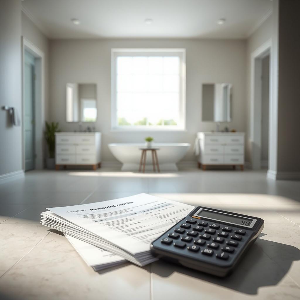 A well-lit, airy bathroom interior with a tiled floor and neutral color scheme. In the foreground, a stack of printed documents and a calculator, representing the process of comparing remodeling quotes. The middle ground features two bathroom vanities side-by-side, showcasing different design styles and price points. In the background, a large window provides natural illumination, accentuating the clean, modern aesthetic. Soft shadows and a subtle sense of depth create a professional, yet inviting atmosphere, ideal for visualizing the task of comparing bathroom remodel quotes.