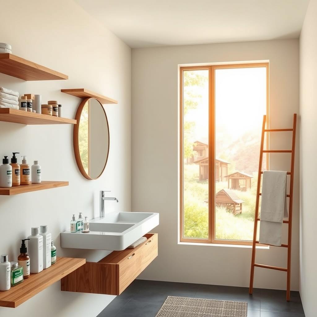 A well-lit, airy bathroom with sleek, minimalist storage solutions. In the foreground, modular bamboo shelves display neatly arranged sustainable toiletries and personal care items. The middle ground features a floating vanity with a circular mirror, complemented by a wooden ladder-style towel rack. The background showcases a large window overlooking a lush, natural landscape, casting a warm, natural glow throughout the space. The overall aesthetic is clean, calming, and in harmony with the environment, reflecting a sustainable and organized approach to bathroom storage.