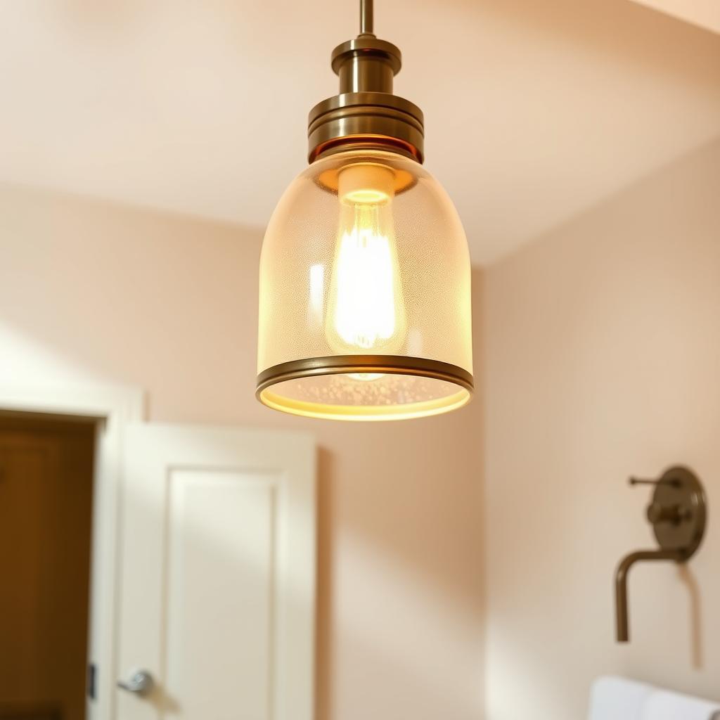 A well-lit bathroom features a stunning pendant light fixture hanging above a modern vanity. The pendant has a sleek, cylindrical glass shade that casts a warm, ambient glow, illuminating the space. Intricate metallic details, such as a brass or brushed nickel finish, add a touch of elegance. The pendant is positioned to provide ample task lighting for the vanity, while also enhancing the overall ambiance of the bathroom. Soft shadows on the walls and countertop create a cozy, spa-like atmosphere. The pendant's placement and design harmonize with the bathroom's contemporary aesthetic, elevating the space with a touch of refined sophistication.