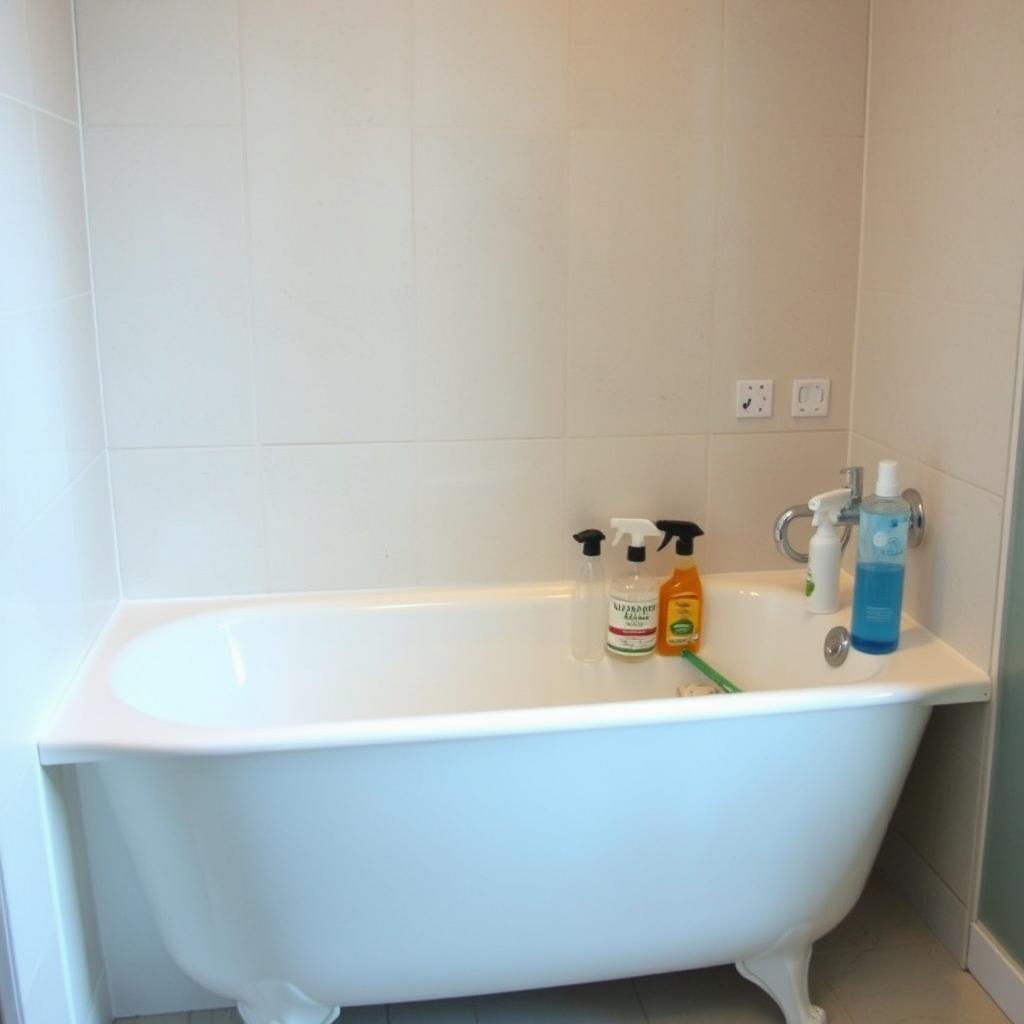 A well-lit bathroom interior with a refinished bathtub taking center stage. The tub's glossy, freshly-polished surface reflects the warm, indirect lighting from above. Beside the tub, an assortment of specialized cleaning products and tools are neatly arranged, suggesting the meticulous care required to maintain the tub's pristine condition. The background features subtle tile patterns and a tranquil, serene atmosphere, emphasizing the importance of proper maintenance for the long-term enjoyment of the refinished bathtub.