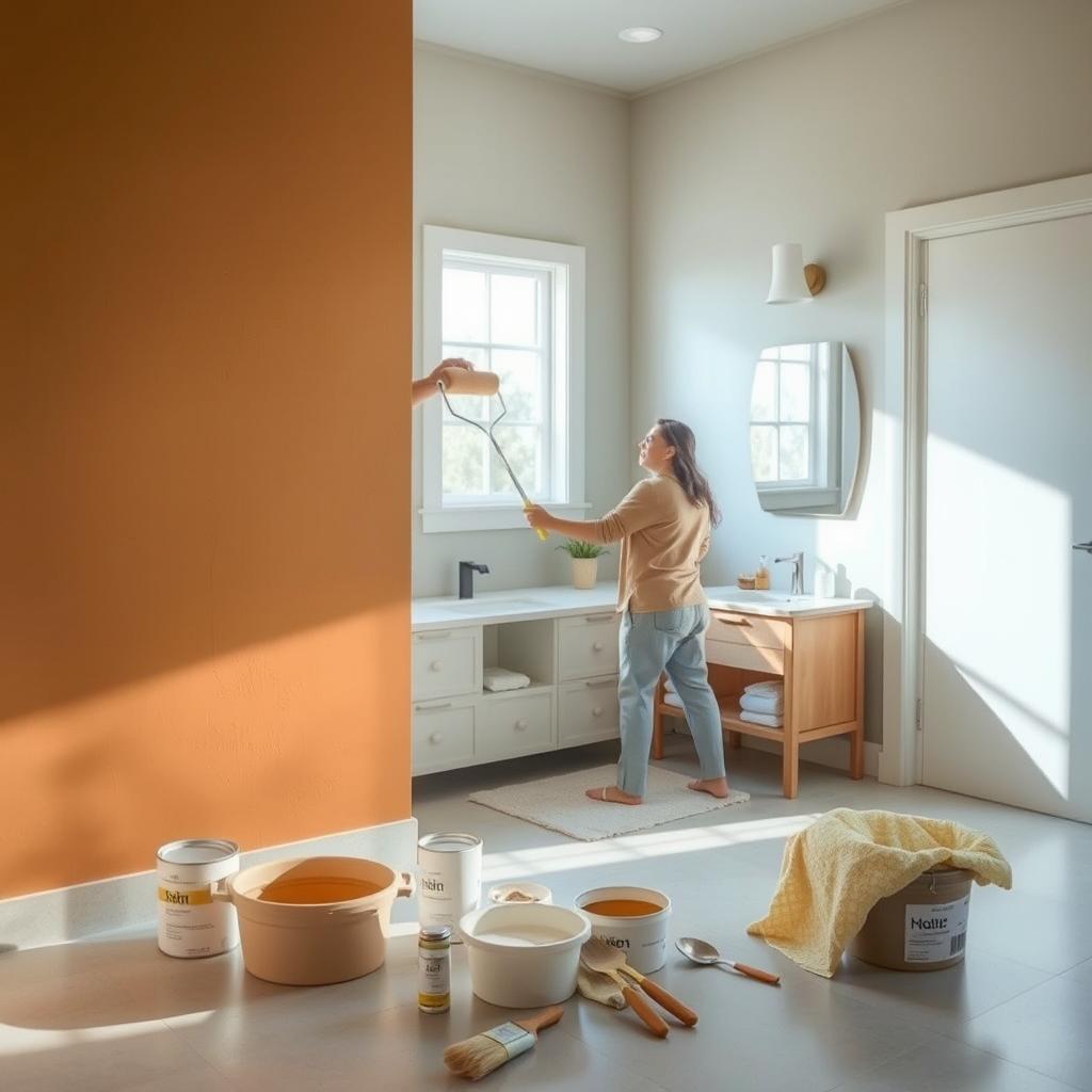 A well-lit bathroom with soft natural lighting streaming through a large window. In the foreground, a person carefully applying a non-toxic, low-odor paint to the walls using a high-quality roller, creating a smooth, even finish. The paint is a warm, earthy tone that complements the bathroom's neutral color scheme. In the middle ground, various non-toxic painting supplies, such as paint trays, brushes, and drop cloths, are neatly organized. The background features a clean, minimalist bathroom design, with a sleek vanity, modern fixtures, and a serene, spa-like atmosphere.