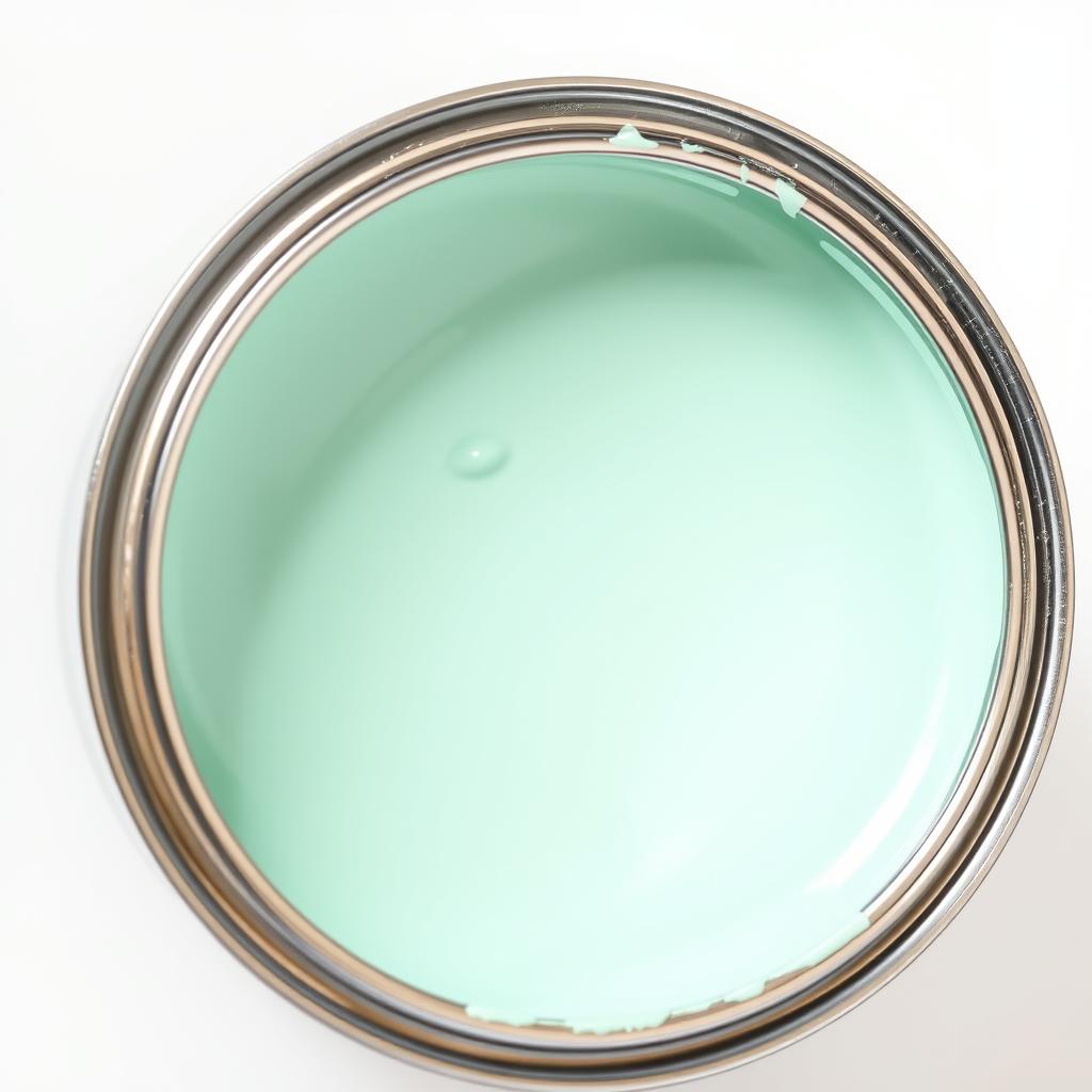 A well-lit, close-up view of an open paint can filled with a vibrant, non-toxic paint in a soft, pastel hue. The paint's surface reflects the lighting, creating a shimmering, luminous effect. The can's metal rim and sides are visible, showcasing the high-quality construction. The background is a clean, minimalist setting, allowing the paint to be the focal point. The overall composition conveys a sense of purity, safety, and environmental consciousness, ideal for illustrating the concept of "non-toxic" bathroom paints.