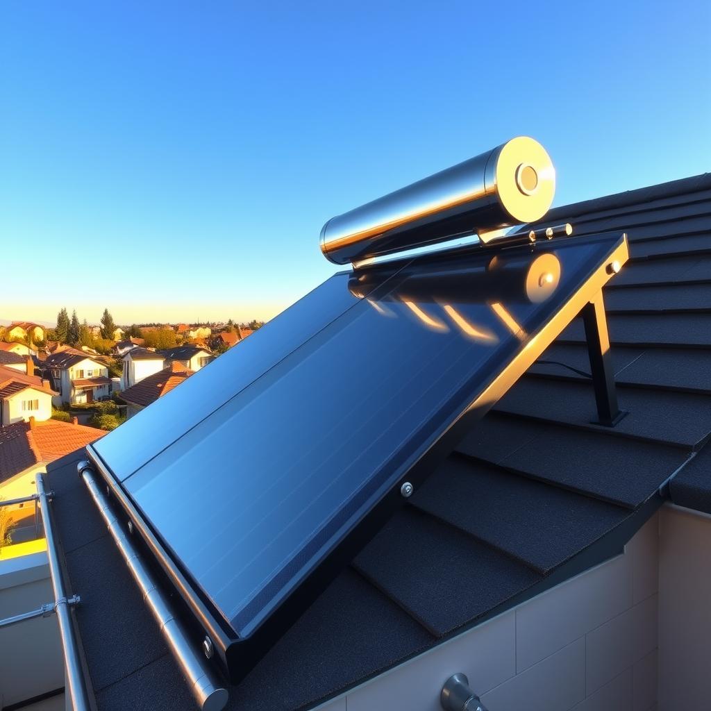 A well-lit, high-angle shot of a modern, sleek solar water heater system installed on the roof of a bathroom. The heater panels are positioned to capture optimal sunlight, reflecting the warm, golden glow of the afternoon sun. The foreground features the installation hardware and piping, showcasing the system's efficient, streamlined design. The middle ground includes the skyline of a suburban neighborhood, highlighting the system's residential application. The background depicts a clear, azure sky, emphasizing the renewable, eco-friendly nature of solar power. The overall scene conveys a sense of harmony between technology and the natural environment, reflecting the suitability of this solar water heater for a bathroom setting.