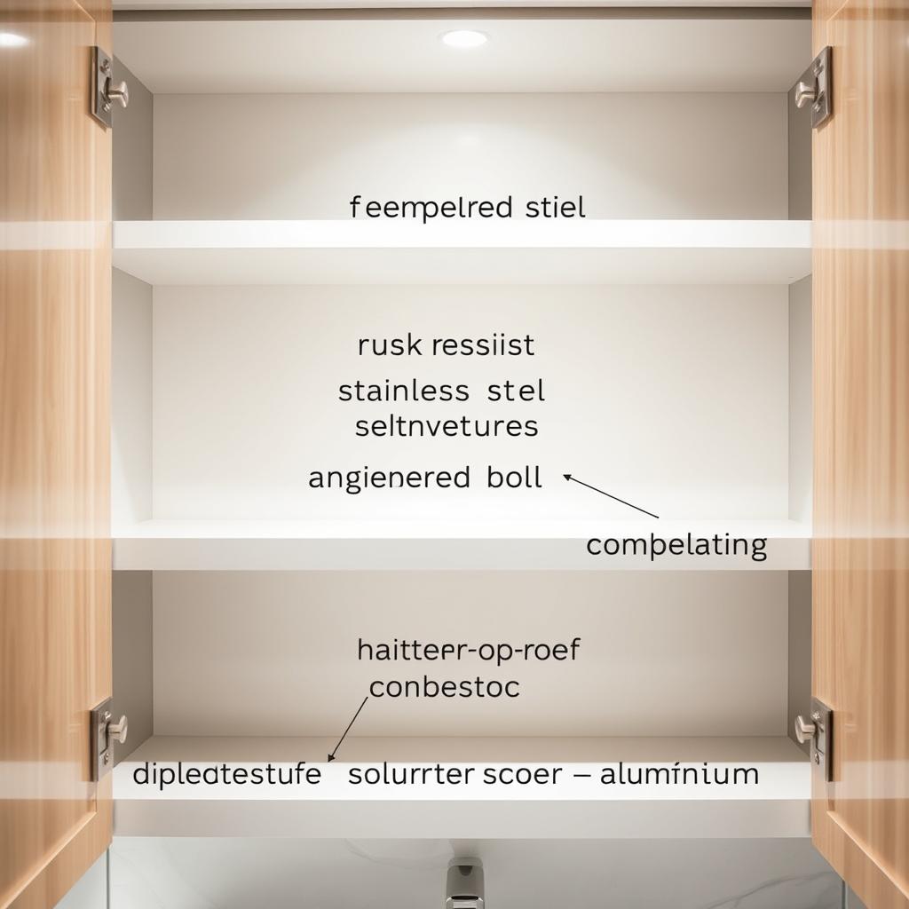 A well-lit, high-angle shot of an open bathroom cabinet, its shelves stocked with various durable materials. In the foreground, sleek tempered glass, rust-resistant stainless steel, and moisture-resistant engineered wood display their resilient textures. In the middle ground, shatterproof acrylic and corrosion-proof aluminum lend a modern, functional aesthetic. The background showcases a neutral color palette of white, grey, and beige tones, creating a clean, spa-like ambiance. Soft, diffused lighting accentuates the materials' qualities, highlighting their suitability for a humid, high-moisture bathroom environment.