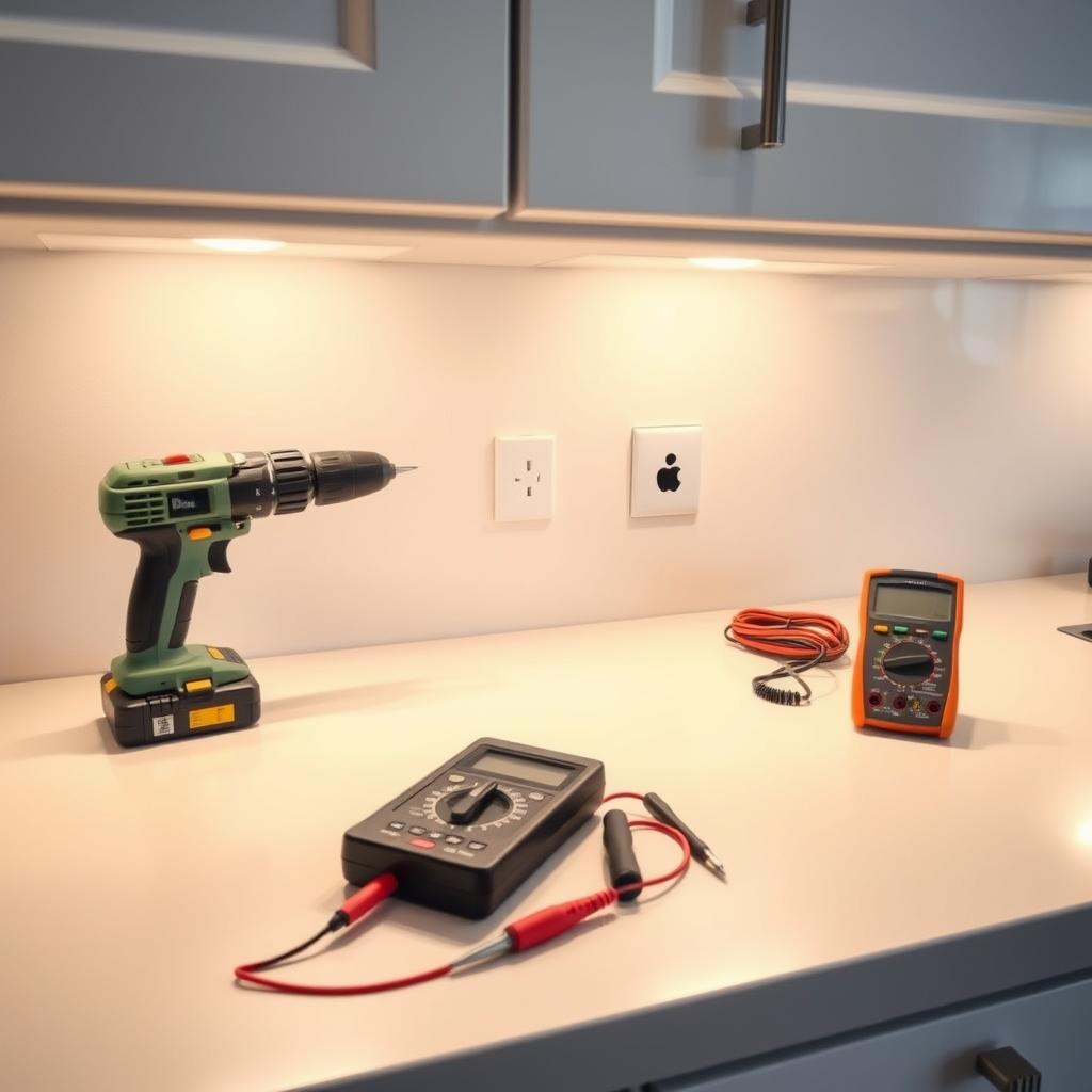 A well-lit kitchen counter with recessed under-cabinet lighting illuminating a selection of essential safety tools and equipment. The scene is captured in a clean, minimalist style, showcasing the fixtures, a power drill, a screwdriver set, and a multimeter on a neutral-toned surface. The lighting casts a warm, uniform glow, highlighting the importance of proper electrical safety when installing under-cabinet lighting. The overall mood is one of professionalism and attention to detail, conveying the necessary precautions to be taken for a successful and safe installation.