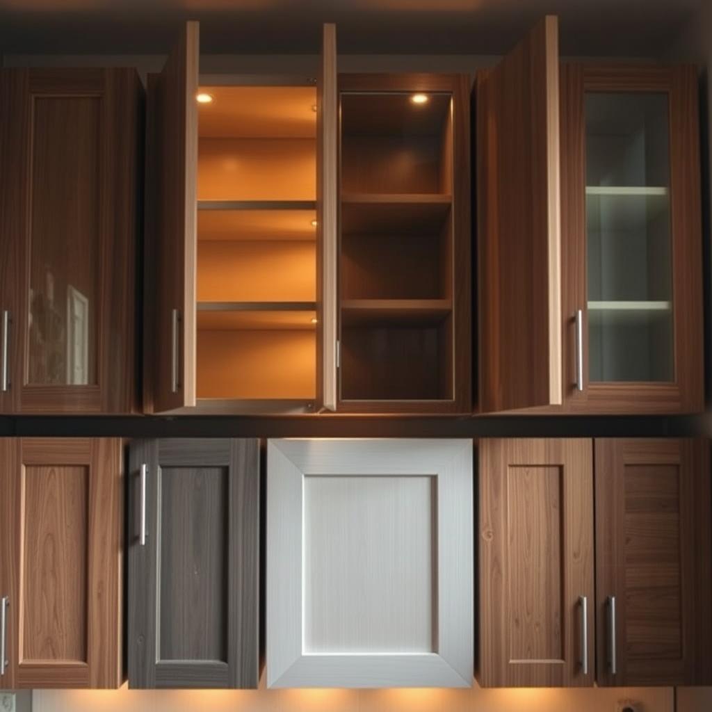 A well-lit, modern bathroom cabinet with a variety of materials showcased. An array of wooden, glass, and metal cabinet fronts arranged in a visually appealing composition, highlighting the textures and finishes. The cabinet doors are slightly ajar, revealing the interior shelving and storage solutions. Warm, indirect lighting creates a soft, inviting atmosphere, emphasizing the tactile qualities of the materials. The scene is captured from a slightly elevated angle, allowing the viewer to appreciate the design details and material choices that would be suitable for a small bathroom space.