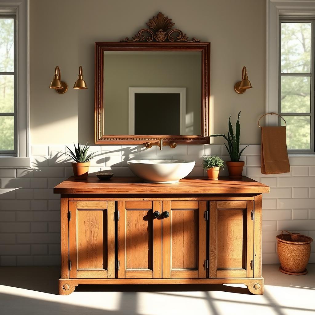 A well-lit, rustic bathroom vanity with a distressed wood top and reclaimed cabinet doors. The vanity sits against a subway tile backsplash, casting soft shadows. Hanging above it, an ornate brass mirror reflects the natural light streaming in from large windows. Vintage brass fixtures, a farmhouse-style vessel sink, and a collection of potted succulents complete the upcycled look. The overall scene exudes a sense of warmth, character, and a DIY spirit, showcasing creative ways to breathe new life into an outdated bathroom vanity.