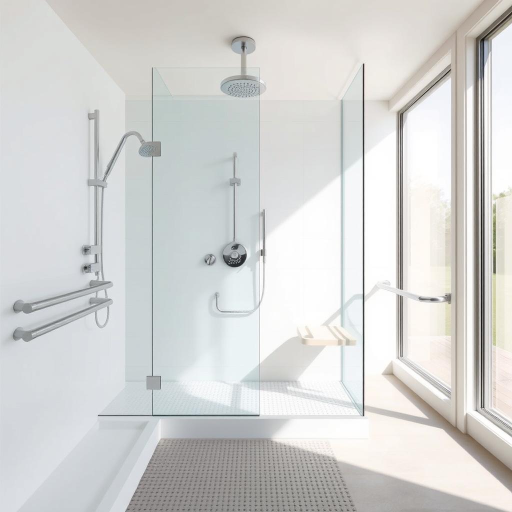 A well-lit, spacious bathroom interior featuring a walk-in shower with accessibility features. In the foreground, a curbless entrance to the shower, with a slip-resistant floor and grab bars strategically placed for support. The middle ground showcases a height-adjustable showerhead and a built-in shower seat for comfortable use. The background depicts a large, clear glass enclosure, allowing ample natural light to flow in and create a bright, airy atmosphere. The overall design prioritizes safety, ease of use, and a spa-like ambiance to enhance the showering experience for all users.