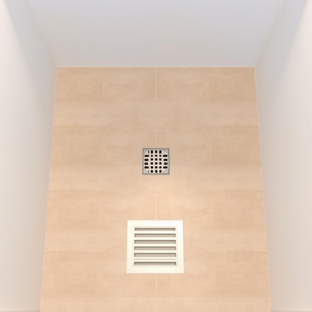 A well-lit, top-down view of a curbless shower stall, with a focus on the floor and drainage area. The tile is a neutral, natural stone hue, perfectly smooth and seamless. Stainless steel grate drain covers the recessed floor, surrounded by a subtle linear pattern in the tile. Soft, indirect lighting illuminates the space, creating a serene, spa-like atmosphere. The walls are a clean, matte white, emphasizing the minimalist, accessible design. The overall scene conveys the ease of maintenance and accessibility of a curbless shower system.