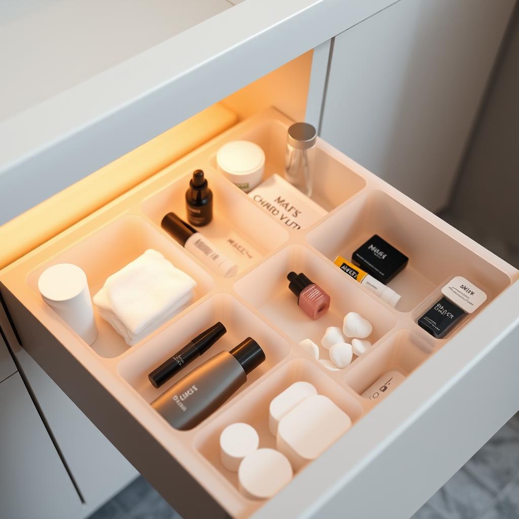 A well-organized and neatly arranged bathroom drawer filled with sleek, custom-fitted dividers. The dividers are made of high-quality acrylic or frosted glass, allowing visibility while maintaining a clean, minimalist aesthetic. Soft lighting from above casts a warm, inviting glow across the orderly compartments, each designed to hold specific bathroom essentials like makeup, skincare products, cotton pads, and small toiletries. The drawer's interior is impeccably organized, with each item tucked away in its designated space, creating a sense of calm and efficiency. The overall scene exudes a feeling of effortless organization and an emphasis on thoughtful storage solutions for a functional and visually appealing bathroom.