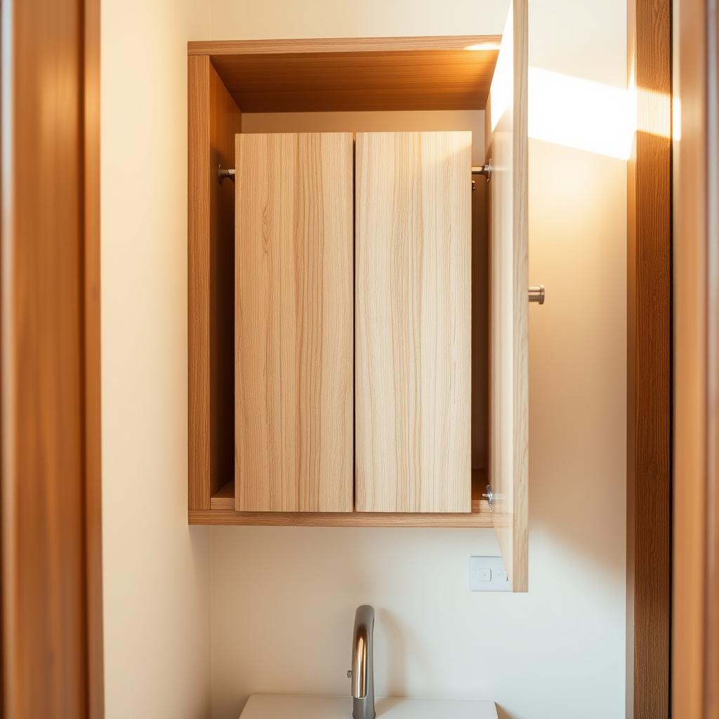 A well-organized and visually appealing bathroom cabinet in a small space, illuminated by warm, natural lighting. The cabinet features a sleek, minimalist design with a slightly recessed profile, maximizing the available wall area. The cabinet doors are made of a light-toned wood, with subtle grain patterns, complementing the clean, modern aesthetic. The cabinet is mounted at a height that is easily accessible, with ample storage space inside for bath essentials. The overall composition creates a sense of order and efficiency, perfectly suited for a compact bathroom.
