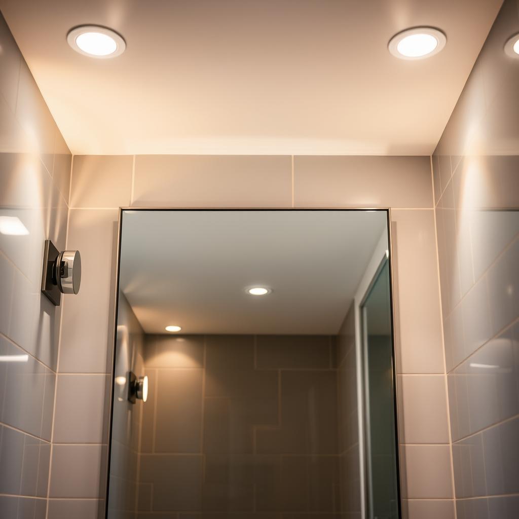 Bathroom lighting fixtures bathed in soft, warm illumination. A layered composition featuring a central vanity mirror with modern sconce lighting, complemented by recessed ceiling lights that cast a gentle glow. Sleek chrome or matte black fixtures contrast against the cool tile walls and floors, creating a spa-like ambiance. Shadows play across the surfaces, adding depth and dimension. The lighting is carefully balanced to evenly illuminate the space, eliminating harsh shadows and highlighting the room's architectural details. An intimate, tranquil atmosphere conducive to self-care rituals.
