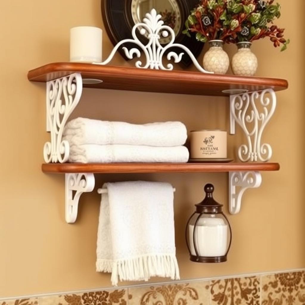 Decorative bracket shelf with ornate brackets holding towels and decorative items