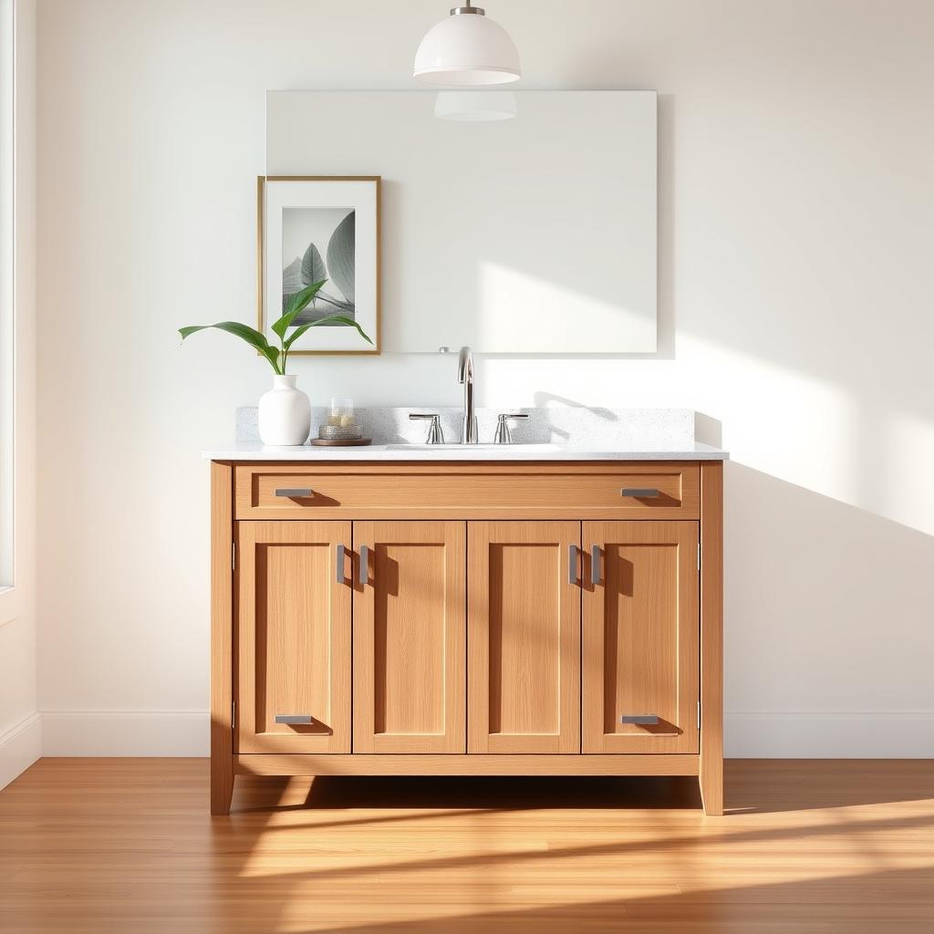 Freestanding vanity with elegant Shaker-style drawers and cabinet doors, set against a bright, natural-lit backdrop. The vanity features a sparkling quartz countertop and a sleek, minimalist chrome faucet. Soft, diffused lighting from a central overhead fixture creates a warm, inviting ambiance. The vanity stands atop a smooth, hardwood floor, with potted greenery and framed art adding a touch of sophistication to the setting. Captured from a slightly elevated angle to showcase the refined design and showcase the vanity's standalone appeal.