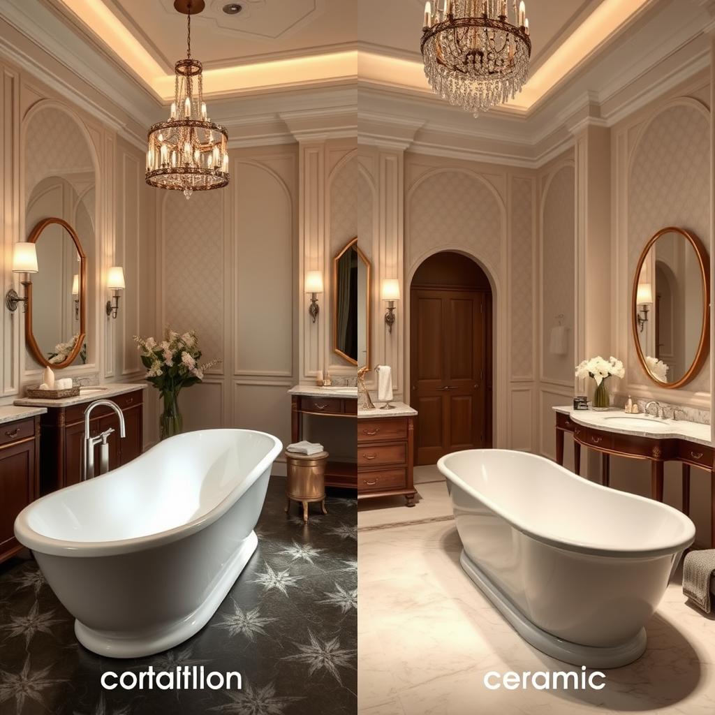 Generate an image comparing porcelain and ceramic bathtubs side by side in a luxurious bathroom setting.
