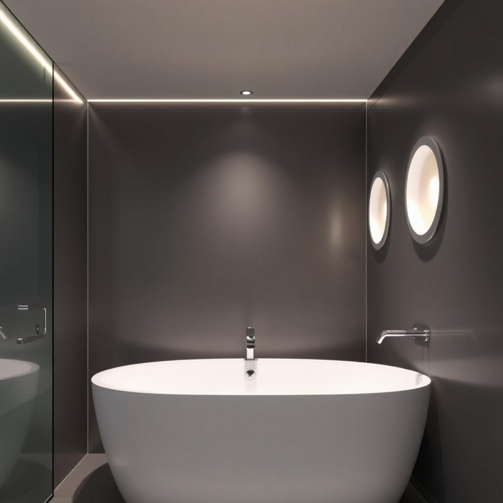 Generate an image of Edge Lighting Wet Location Recessed Fixtures installed in a modern bathroom.