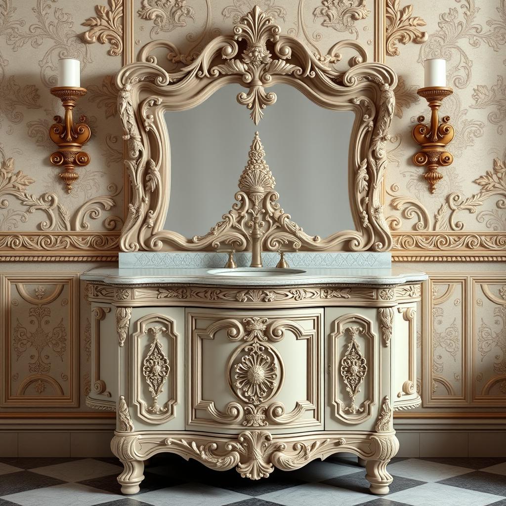 Generate an image of a Victorian-era bathroom vanity with intricate carvings and ornate details.