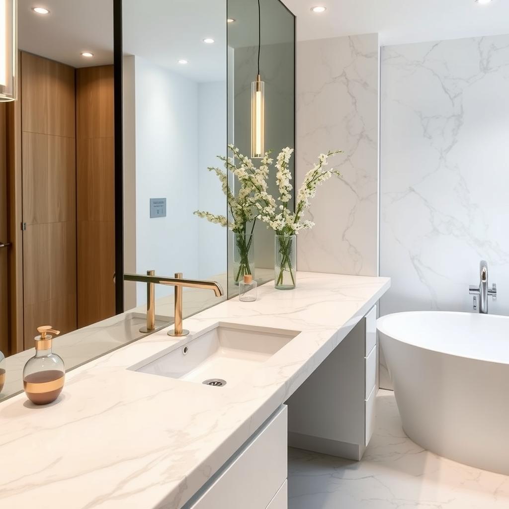 Generate an image of a bathroom with a cultured marble countertop and integrated sink.
