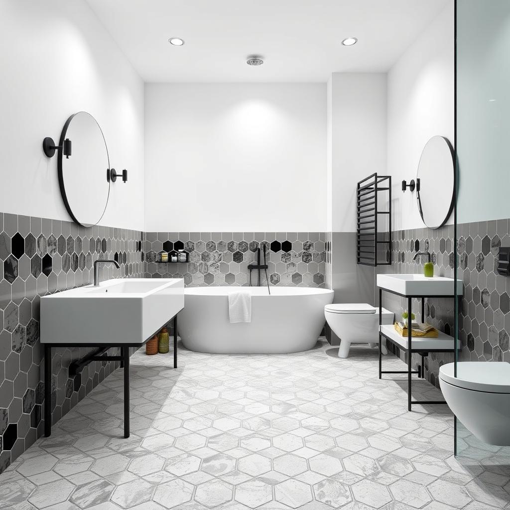 Generate an image of a bathroom with hexagon tiles