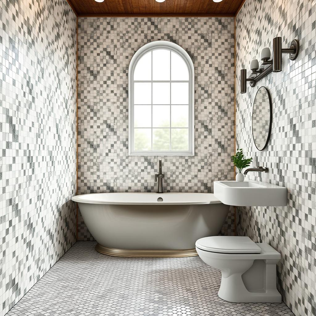Generate an image of a bathroom with mosaic tiles