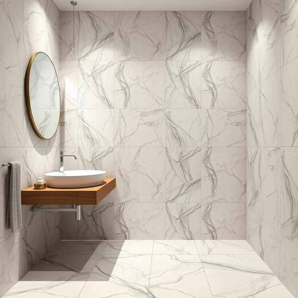 Generate an image of a bathroom with porcelain tiles
