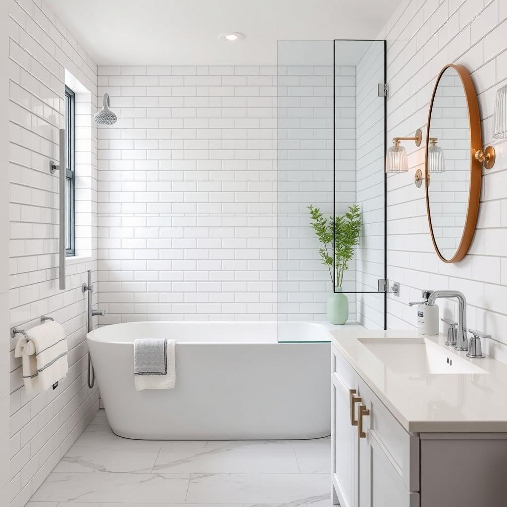 Generate an image of a bathroom with white subway tiles