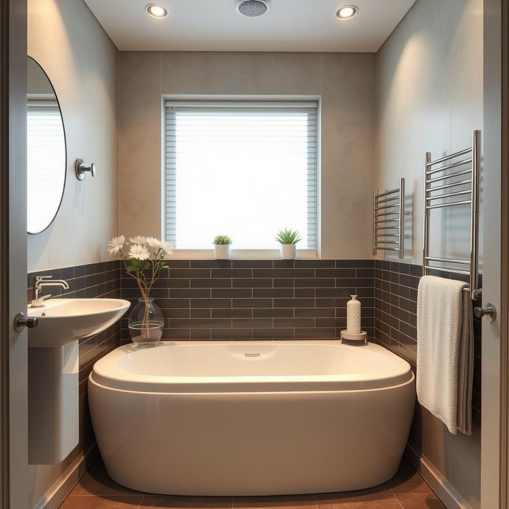 Generate an image of a compact bathroom with a space-saving bathtub