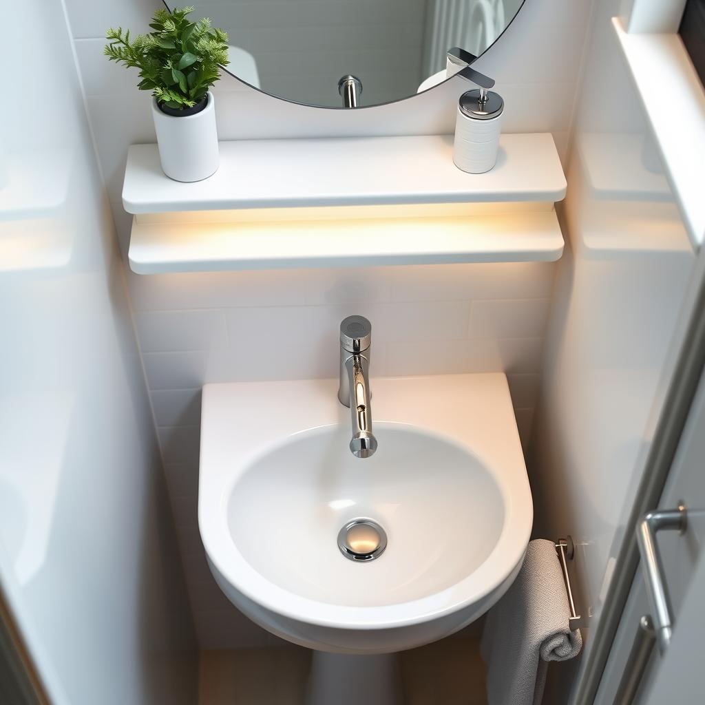 Generate an image of a compact bathroom with a stylish sink